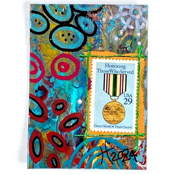 ACEO Original Mixed Media Art Vintage 1991 US Postage Stamp ATC - Picture 1 of 3